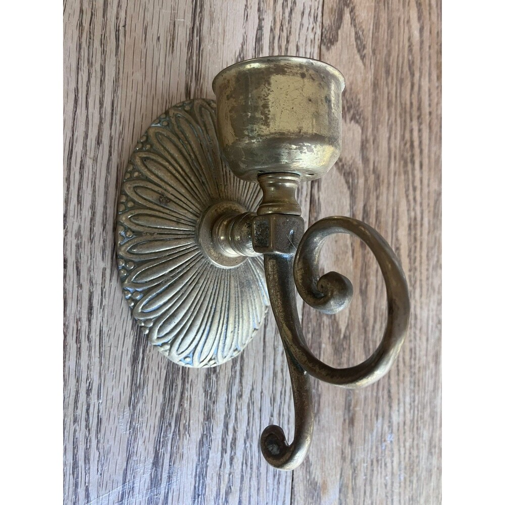 Brass Wall Mount Sconce Candlestick Holder Single Candle Scroll Arm Sun Flower